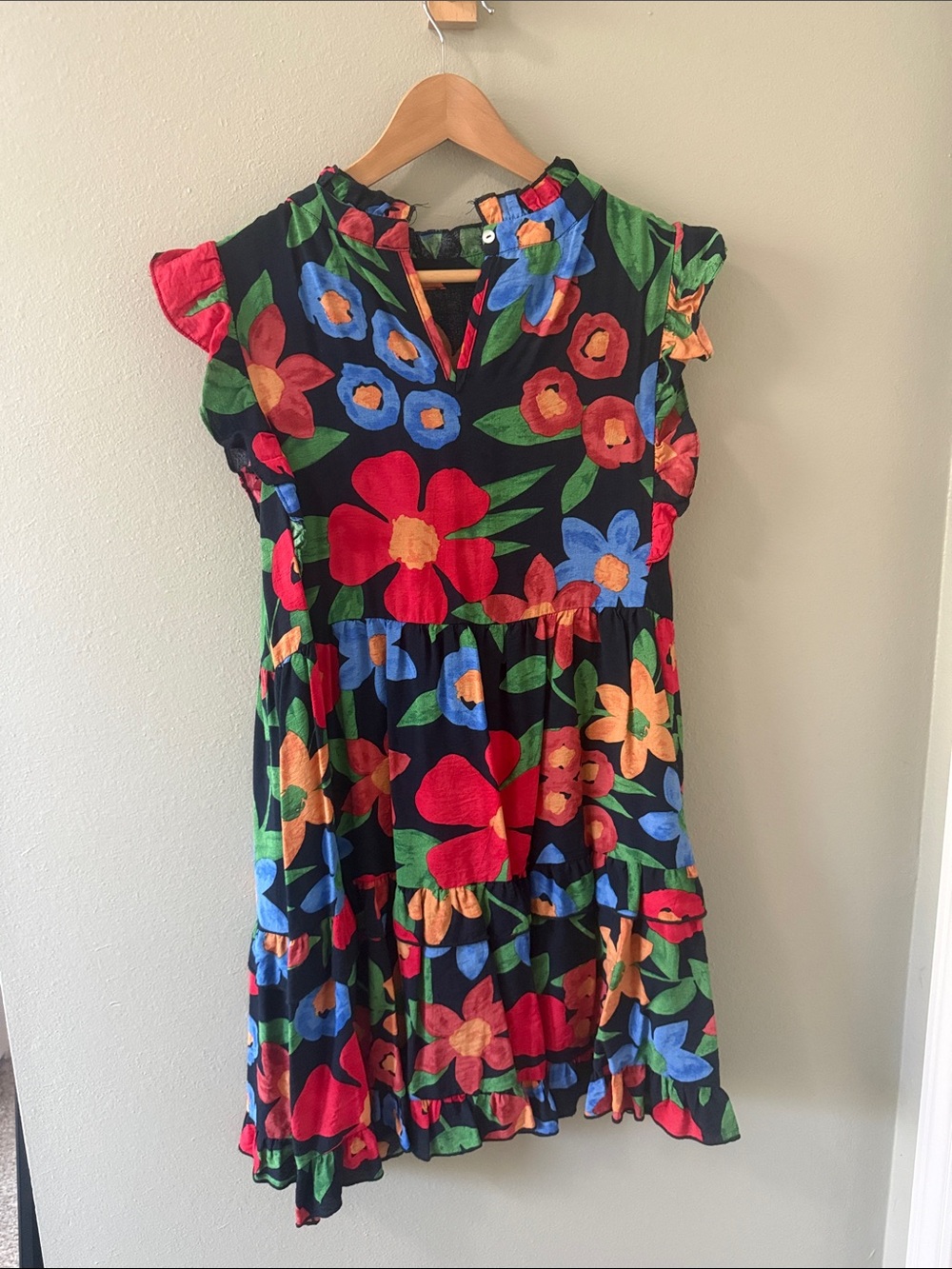 Women’s Black Floral Tiered Dress with Red, Blue & Orange Blooms
